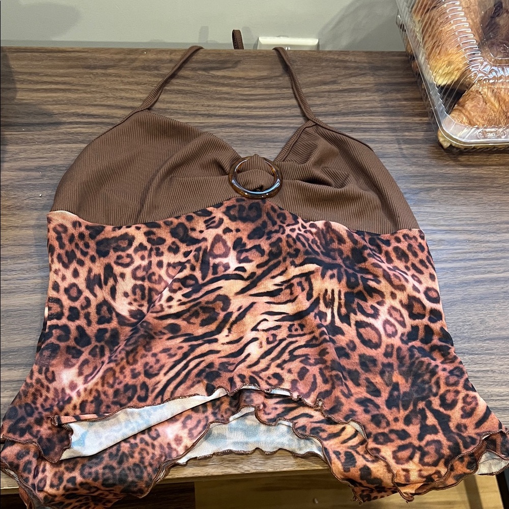 Brown Leopard Print Ring Detail Halter Crop Top